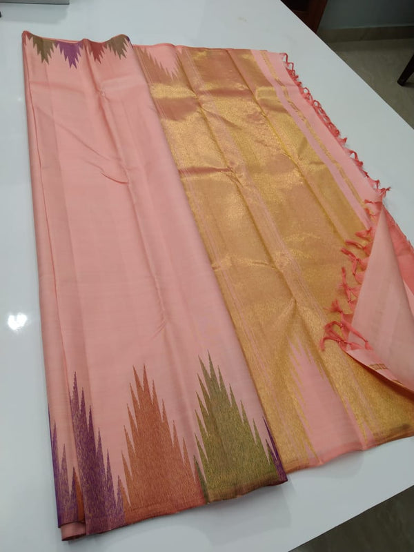 Pastel Peach Temple Border Kanchipuram Silk Saree