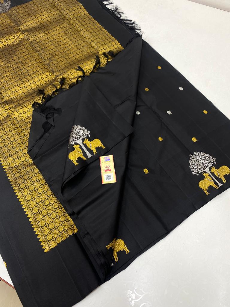 Black Handloom Kanchipuram Silk Saree with Pichwai Zari Design