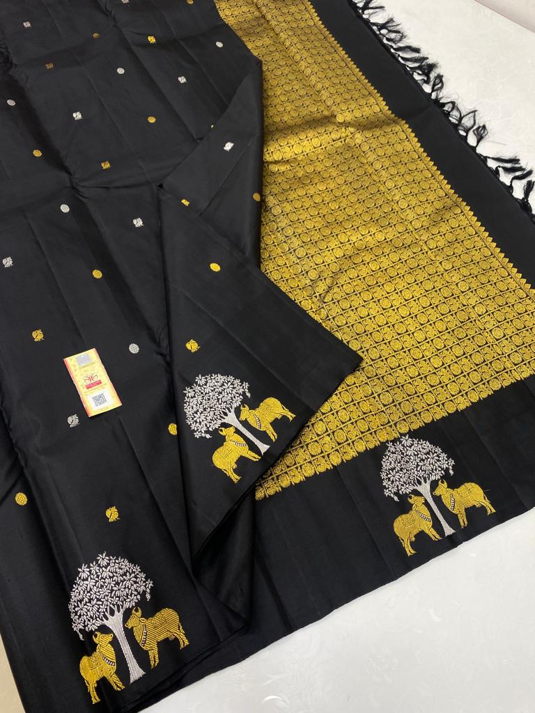 Black Handloom Kanchipuram Silk Saree with Pichwai Zari Design