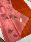 Borderless Peach Pink Pure Handloom Kanchipuram Soft Silk Saree with Butterfly Design Meena Work