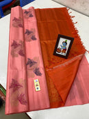 Borderless Peach Pink Pure Handloom Kanchipuram Soft Silk Saree with Butterfly Design Meena Work