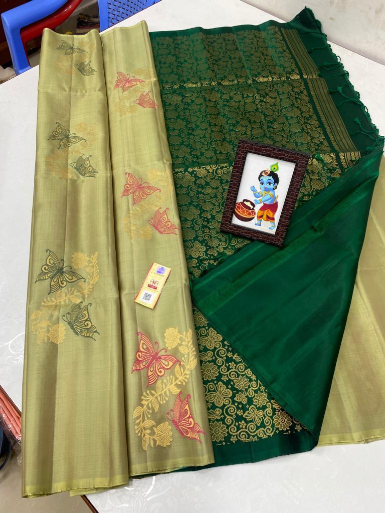 Borderless Pastel Green Pure Handloom Kanchipuram Soft Silk Saree with Butterfly Design Meena Work