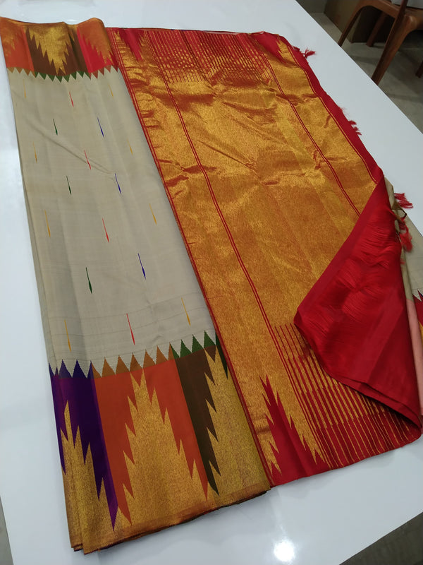 Half White Traditional 8 Kol Seepu Korvai Multicolor Temple Border Handloom Kanchipuram Silk Saree