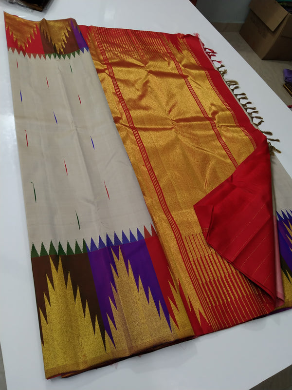 Half White Traditional 8 Kol Seepu Korvai Multicolor Temple Border Handloom Kanchipuram Silk Saree