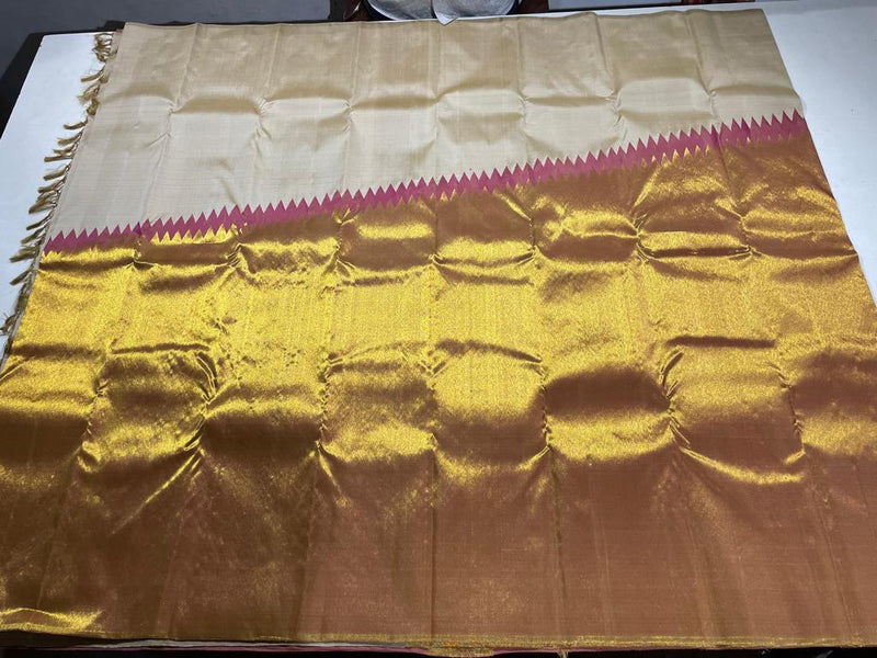 Half White Beige Pink Korvai Raising Temple Border Kanchipuram Silk Saree