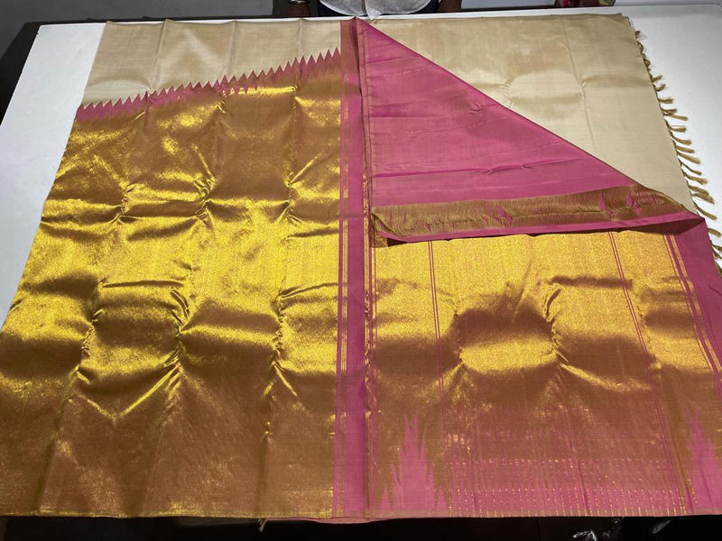 Half White Beige Pink Korvai Raising Temple Border Kanchipuram Silk Saree