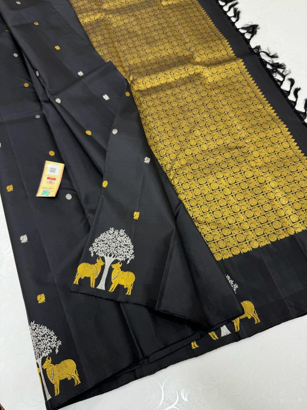 Black Handloom Kanchipuram Silk Saree with Pichwai Zari Design