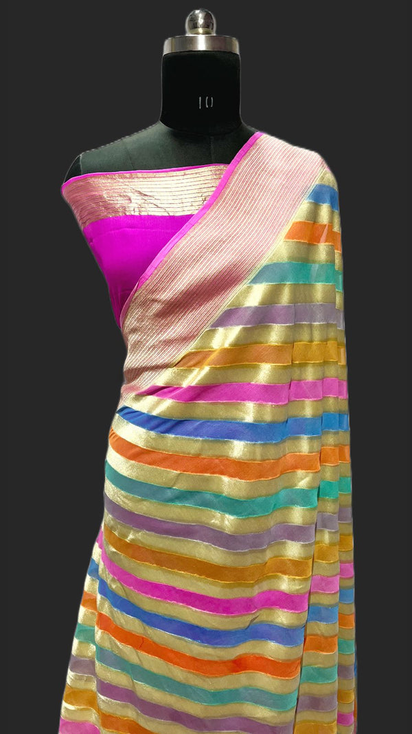 Multi Colour Rangkat Pure Banarasi Khaddi Georgette Silk Saree