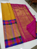 Mustard Yellow Kanchipuram Silk Saree With Traditional Multi Colour 8 Kol Temple Border