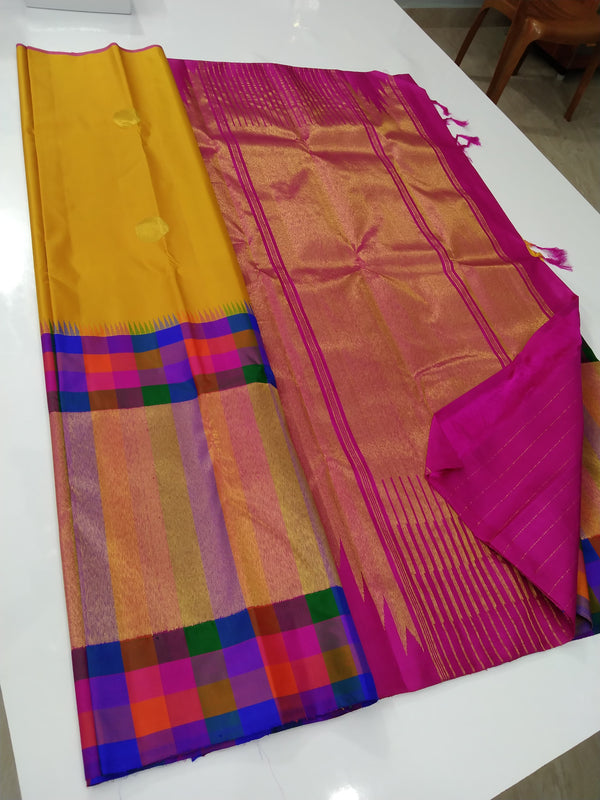 Mustard Yellow Kanchipuram Silk Saree With Traditional Multi Colour 8 Kol Temple Border