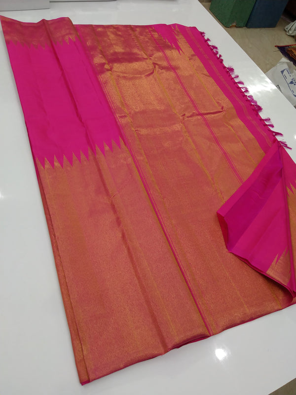 Pink Raising Temple Border Kanchipuram Silk Saree with Double Side Rekku