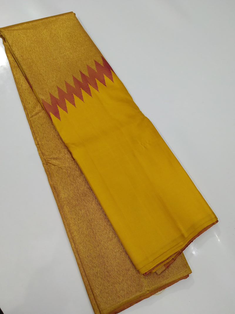 Mustard Yellow & Pink Korvai Raising Temple Border Kanchipuram Silk Saree