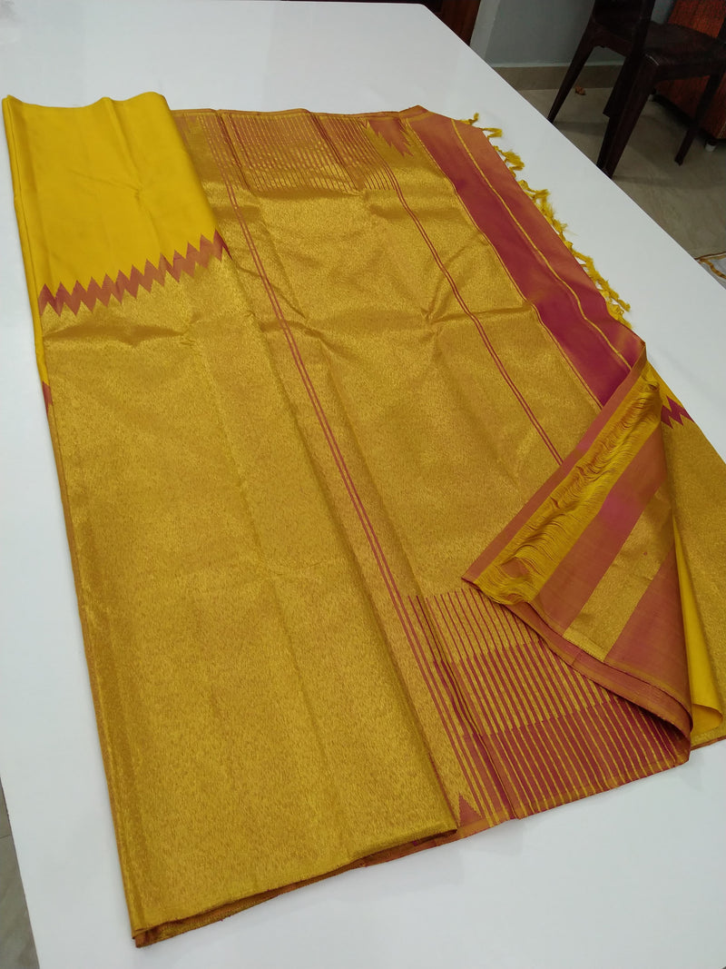 Mustard Yellow & Pink Korvai Raising Temple Border Kanchipuram Silk Saree