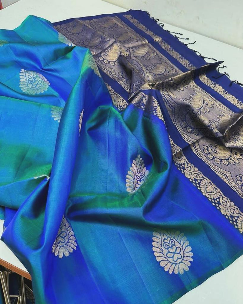 Dual Shade Peacock Blue Borderless Soft Silk Saree