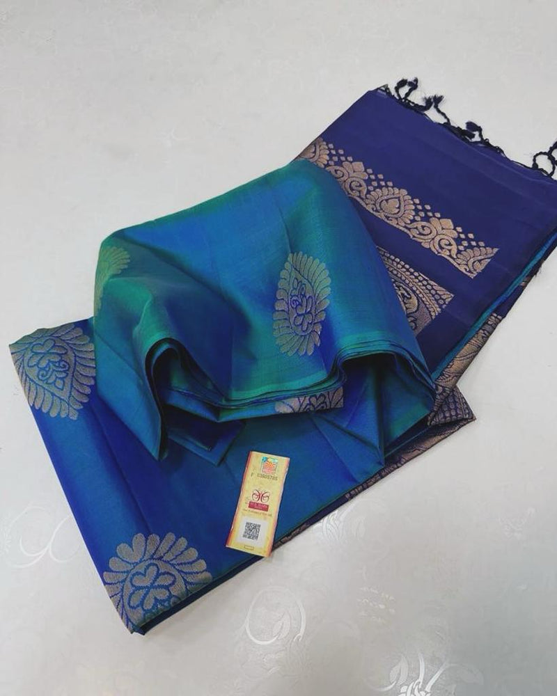 Dual Shade Peacock Blue Borderless Soft Silk Saree