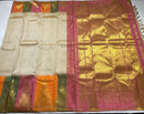 Half White Traditional Korvai 8 kol Seepu Reku Temple Border Handloom Kanchipuram Silk Saree