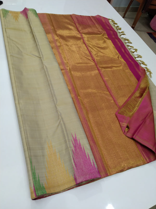 Beige Gold Temple Border Handloom Kanchipuram Silk Saree