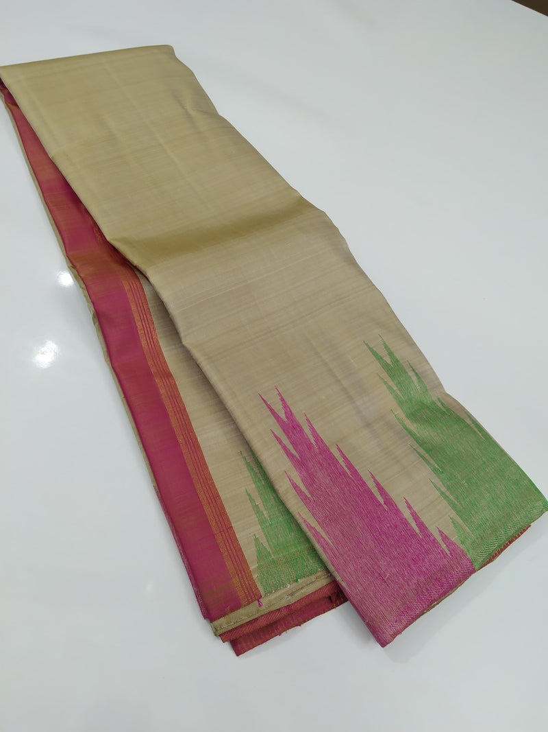 Beige Gold Temple Border Handloom Kanchipuram Silk Saree