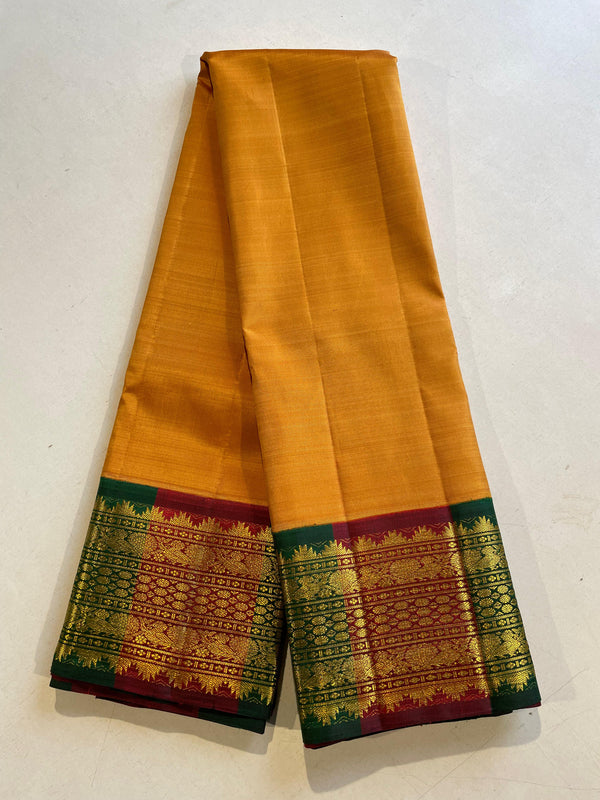 Pure Gold Zari Classic Mango Yellow Handloom Kanchipuram Silk Saree with Double Colour Border