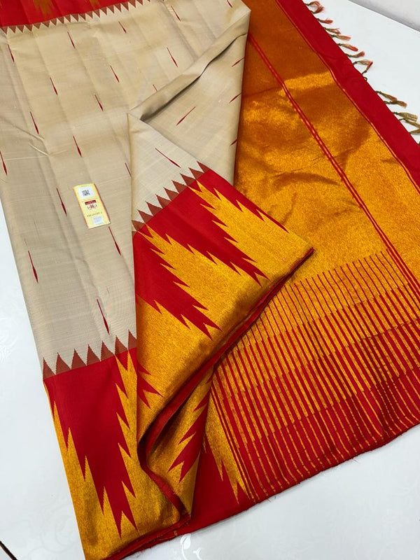 Half White Korvai Contrast Temple Border with Body Butta Kanchipuram Silk Saree