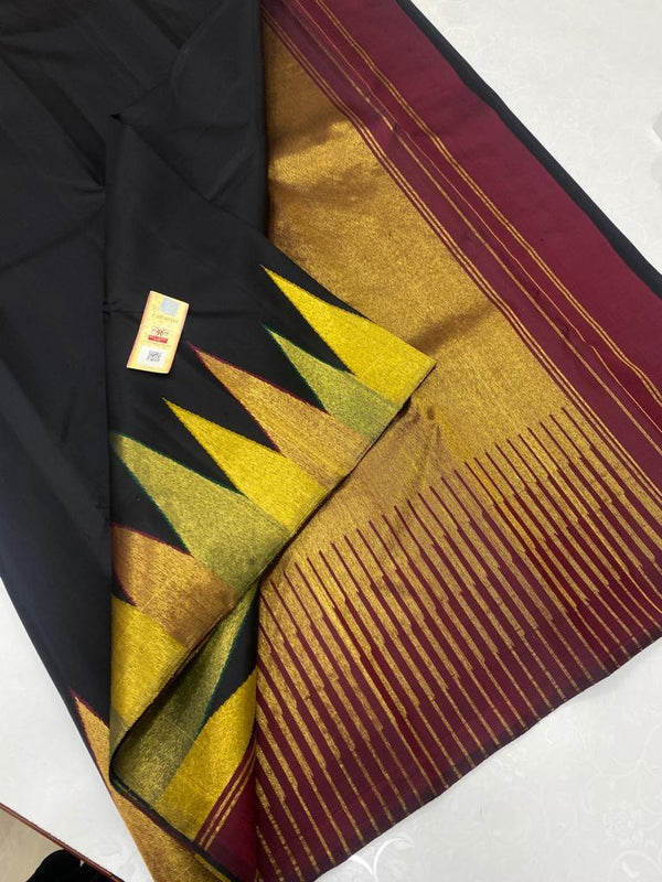 Black Maroon 8 Kol Korvai Temple Border Handloom Kanchipuram Silk Saree