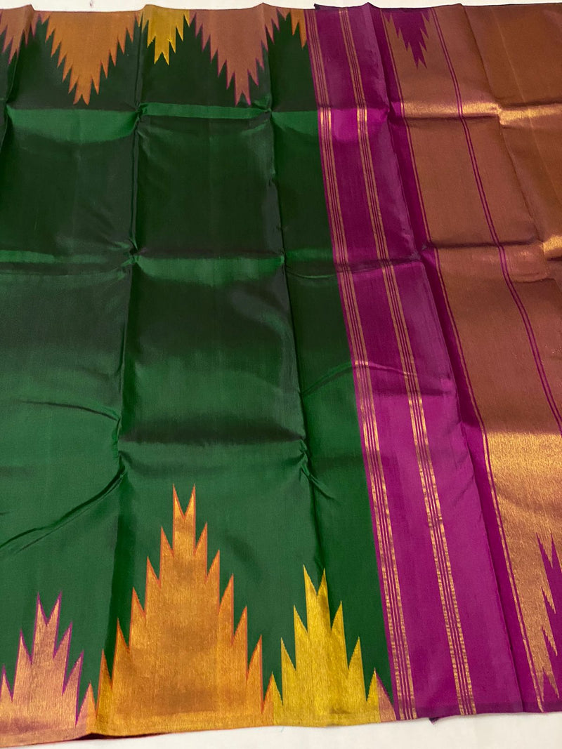 Green Pink Korvai Temple Border Kanchipuram Silk Saree