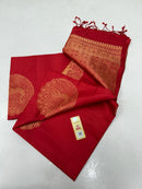 Borderless Red Soft Silk Saree with Unique Peacock Butta