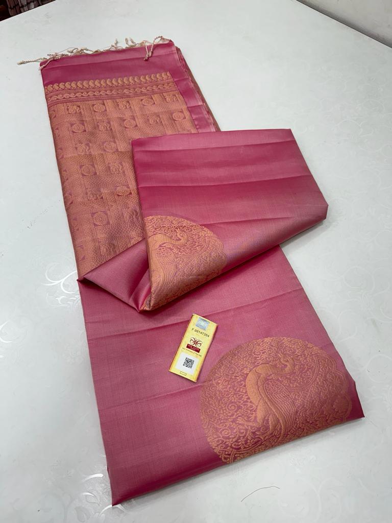 Borderless Baby Pink Soft Silk Saree with Unique Peacock Butta