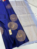 Borderless Navy Blue Soft Silk Saree with Unique Peacock Butta