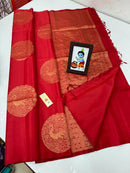 Borderless Red Soft Silk Saree with Unique Peacock Butta