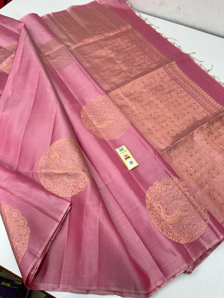 Borderless Baby Pink Soft Silk Saree with Unique Peacock Butta