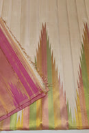Half White Beige 8 Kol Weaving Long Temple Border Kanchipuram Handloom Silk Saree