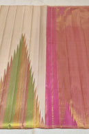 Half White Beige 8 Kol Weaving Long Temple Border Kanchipuram Handloom Silk Saree