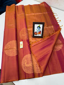 Borderless Dual Shade Orange Pink Soft Silk Saree with Unique Peacock Butta