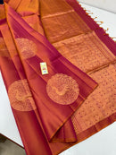 Borderless Dual Shade Orange Pink Soft Silk Saree with Unique Peacock Butta