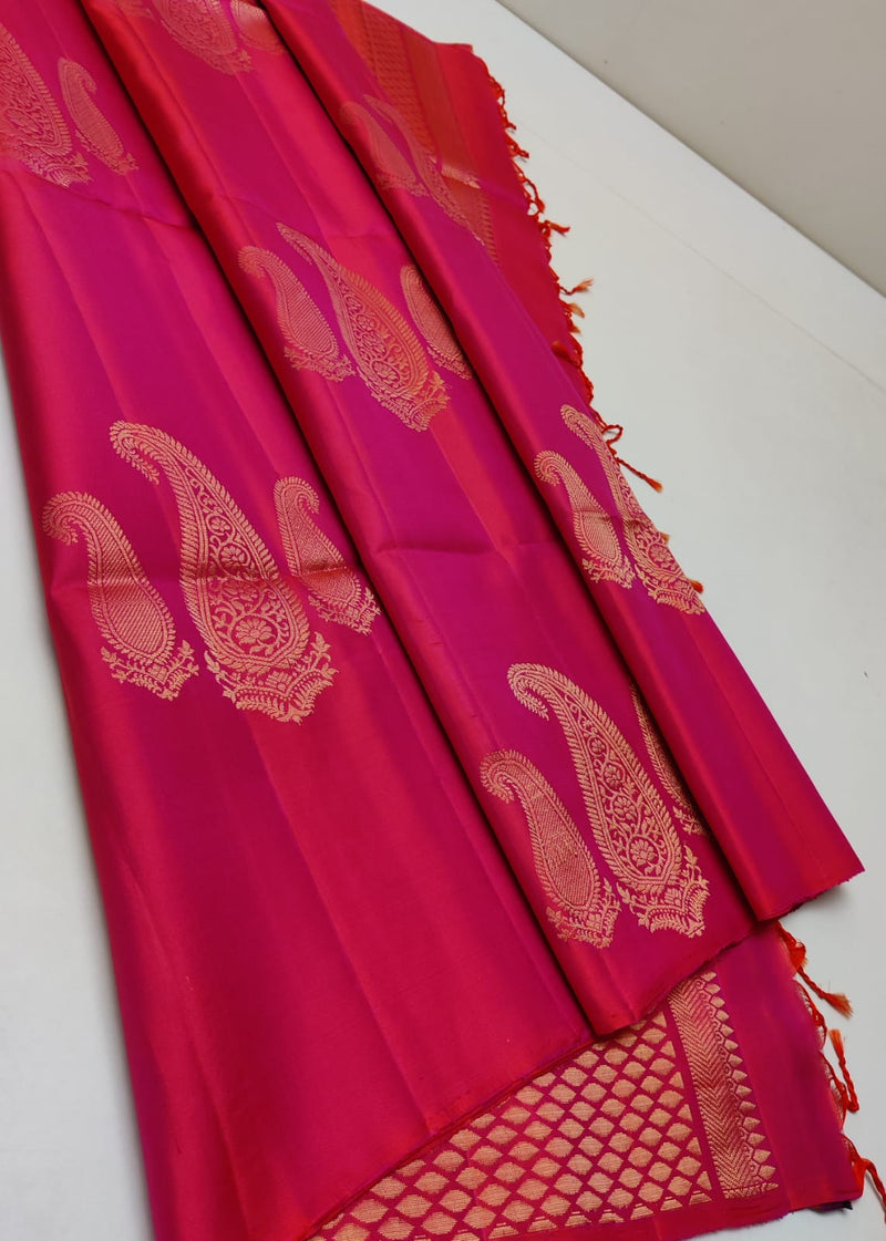 Dual Shade Dark Pink 240 Hooks Unique Mango Butta Handloom Kanchipuram Soft Silk Saree