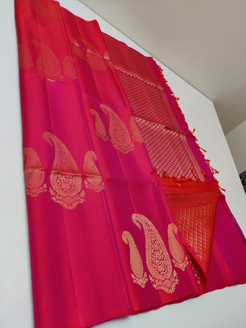 Dual Shade Dark Pink 240 Hooks Unique Mango Butta Handloom Kanchipuram Soft Silk Saree