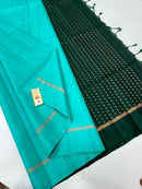 Turquoise Blue Plain Soft Silk Saree with Contrast Designer Pallu & Blouse