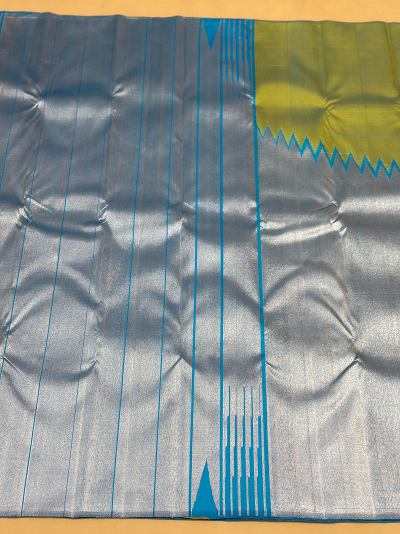 Yellowish Green With Blue Korvai Raising Temple Border Handloom Kanchipuram Silk Saree with Silver Zari Weaving