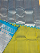 Yellowish Green With Blue Korvai Raising Temple Border Handloom Kanchipuram Silk Saree with Silver Zari Weaving