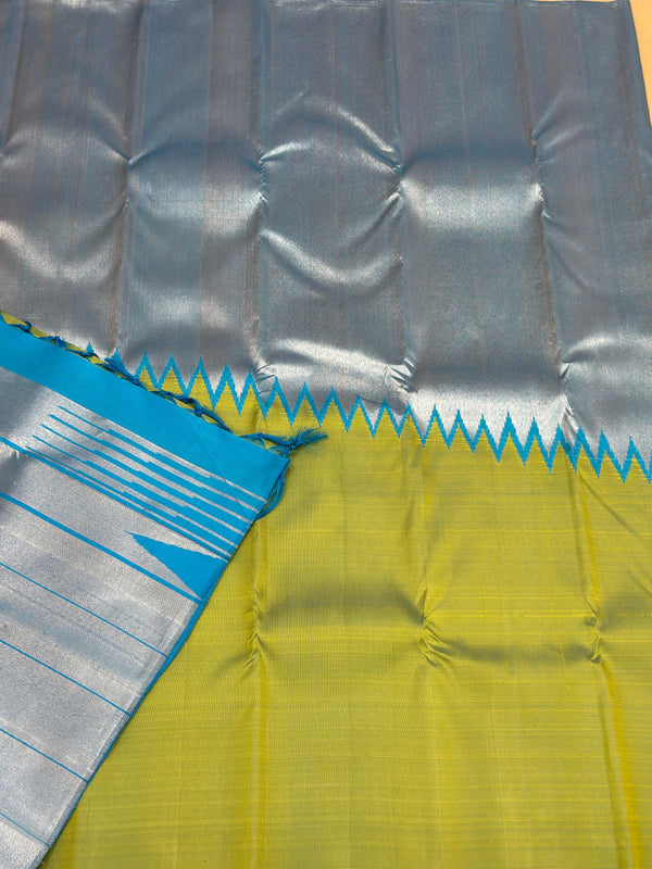 Yellowish Green With Blue Korvai Raising Temple Border Handloom Kanchipuram Silk Saree with Silver Zari Weaving