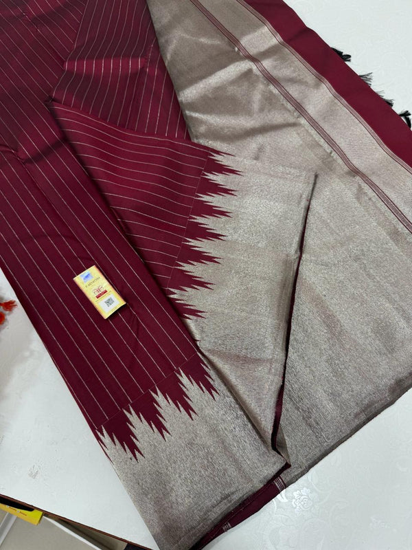 Maroon Kanchipuram Silk Saree with Silver Zari Temple Border