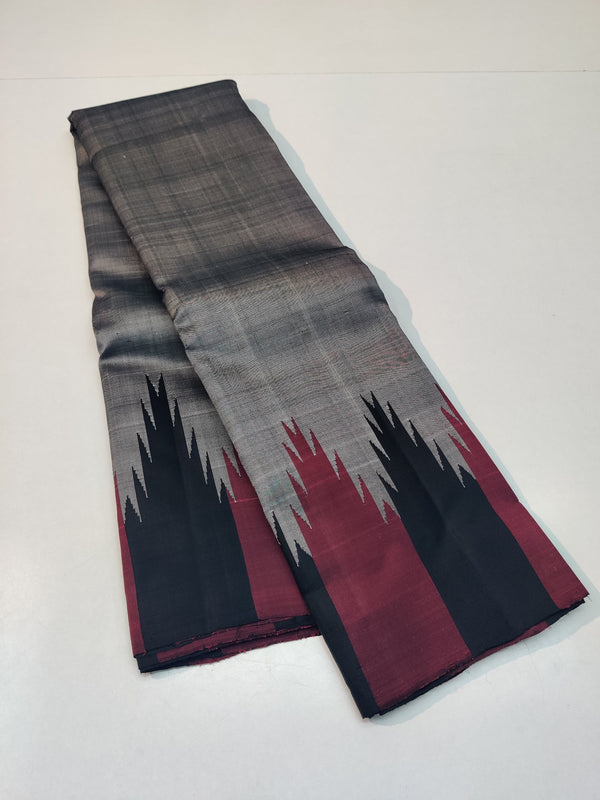 No Zari Grey Korvai Temple Border Kanchipuram Handloom Silk Saree