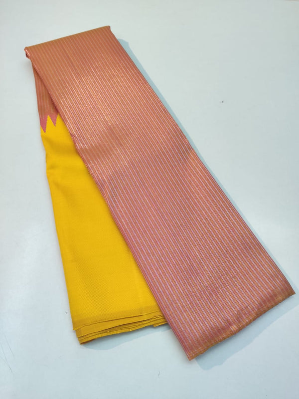 Yellow Pink Designer Korvai Raising Temple Border Handloom Kanchipuram Silk Saree