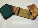 Bottle Green with Maroon Korvai Raising Temple Border Handloom Kanchipuram Silk Saree