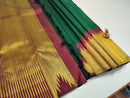 Bottle Green with Maroon Korvai Raising Temple Border Handloom Kanchipuram Silk Saree