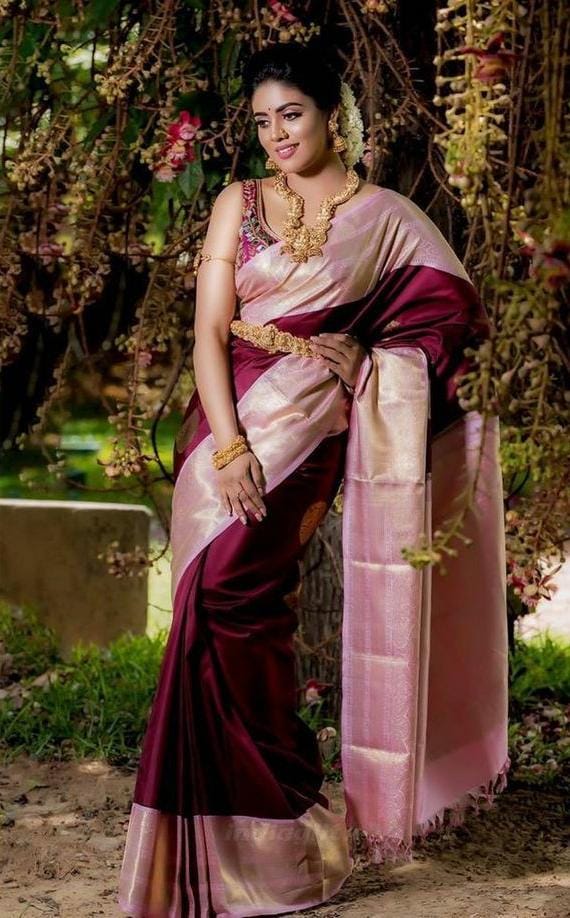 Maroon with Pink Korvai Handloom Kanchipuram Silk Saree