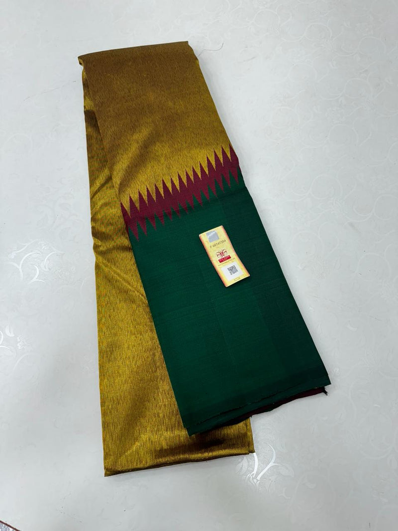 Green Maroon Korvai Raising Temple Border Kanchipuram Silk Saree