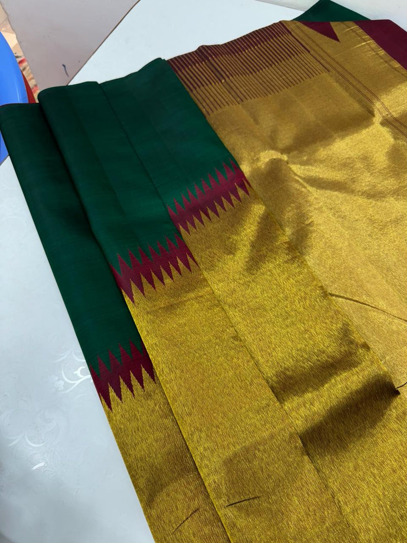 Green Maroon Korvai Raising Temple Border Kanchipuram Silk Saree