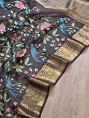 Black Floral Jungle Embroidery Organza Saree with Banarasi Border